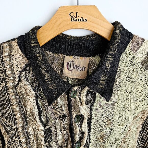 Vintage Coogi Classic 1/4 Button Collared Sweater L Textured Knit Green Buttons - Picture 3 of 15